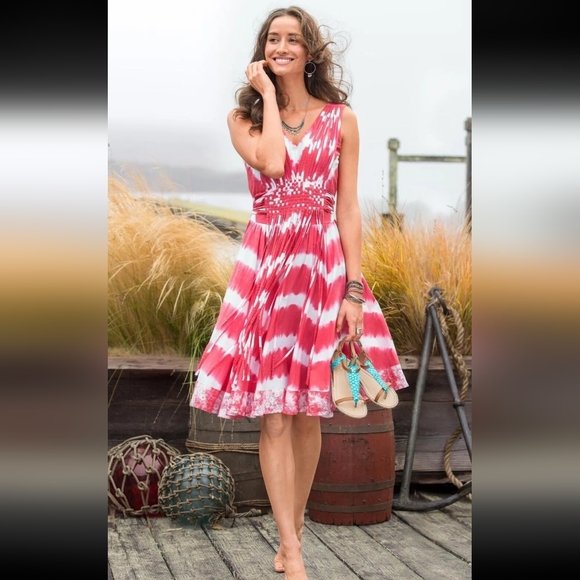 Sundance Dresses & Skirts - Sundance White Red Island Rhythms Tie Dye Croche Trim Fit & Flare Dress Size 6